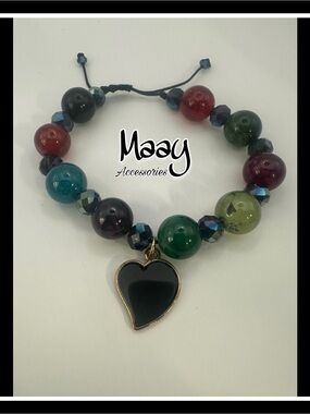 Multicolor Beaded Bracelet with Black Heart Charm